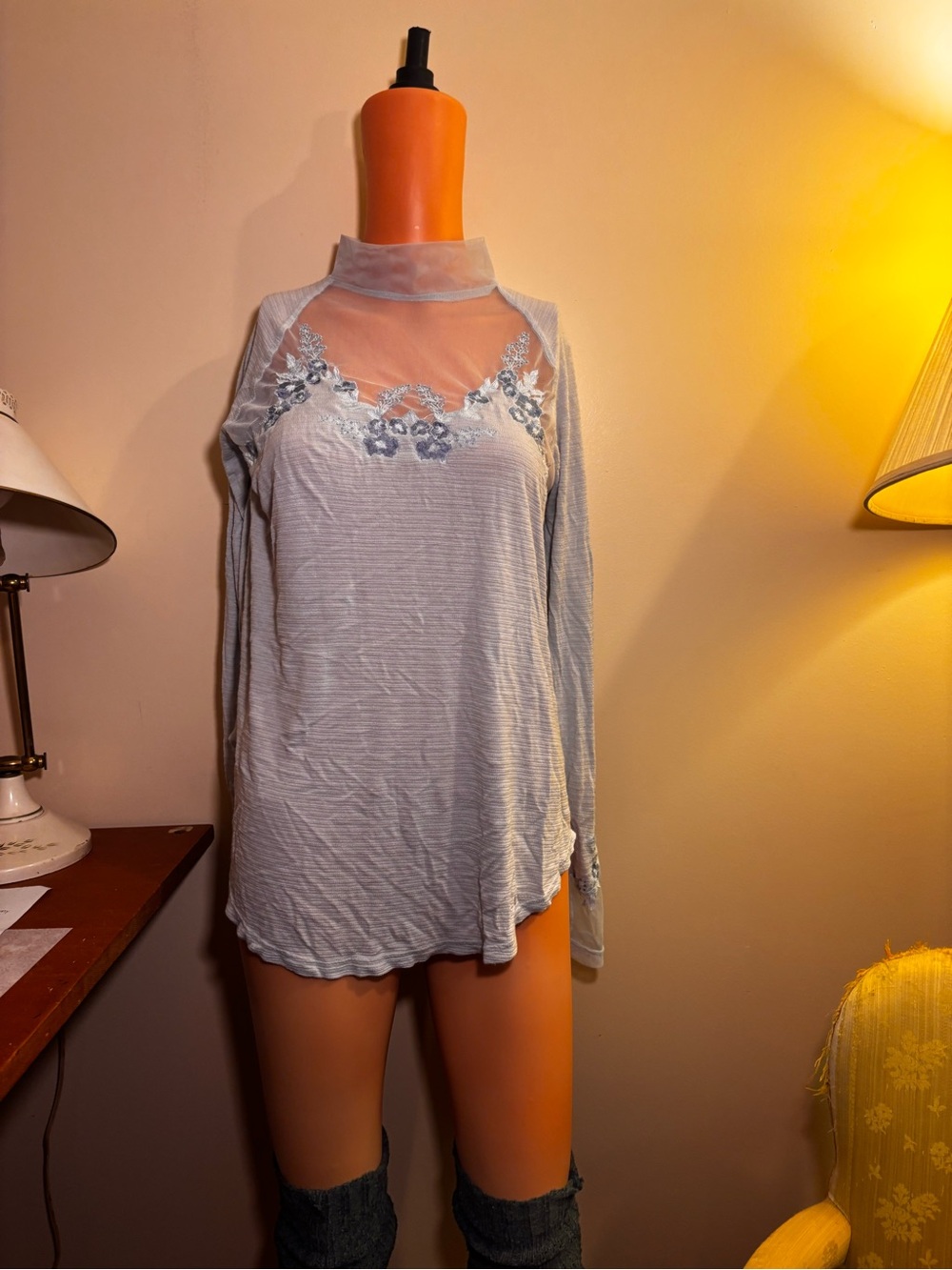 Free People Light Blue Sheer-Back Lace Blouse - Picture 2 of 7